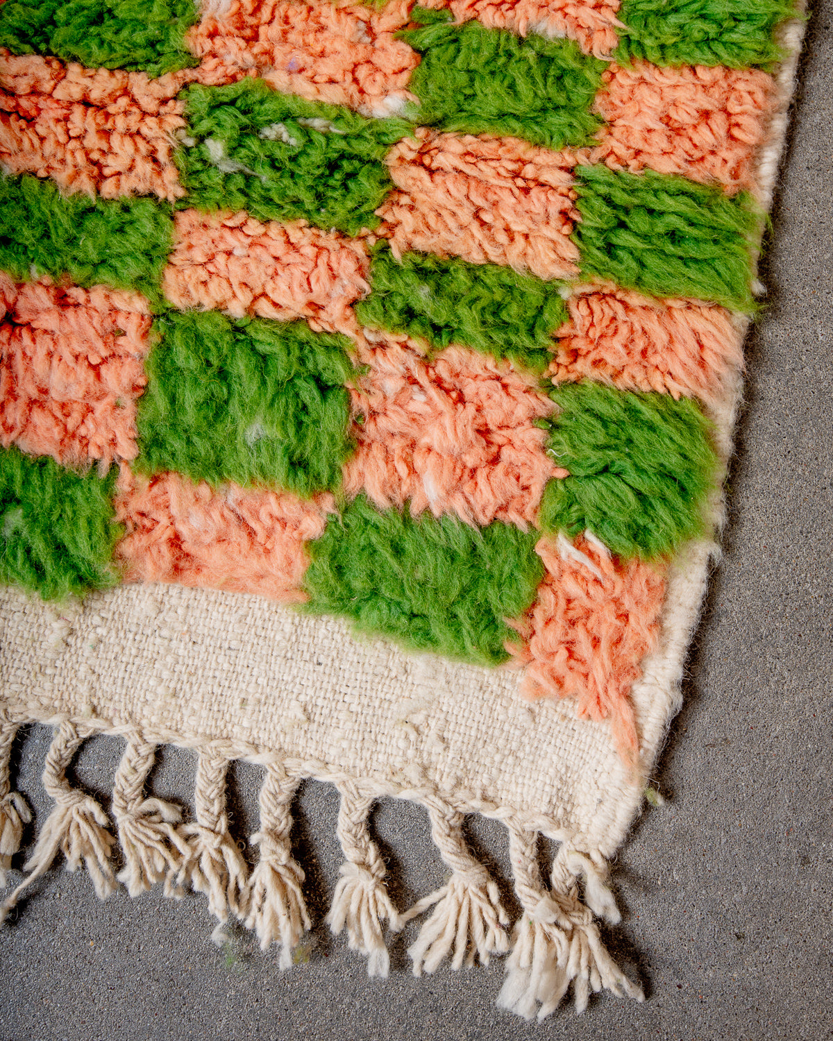 Modern, designer, handcrafted Berber rug from Morocco. Beniourain carpet with beautiful colours and patterns and fluffy wool texture.